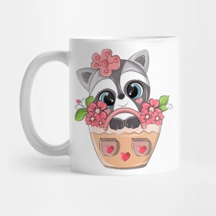 Cute raccoon sitting in a basket with flowers. Mug